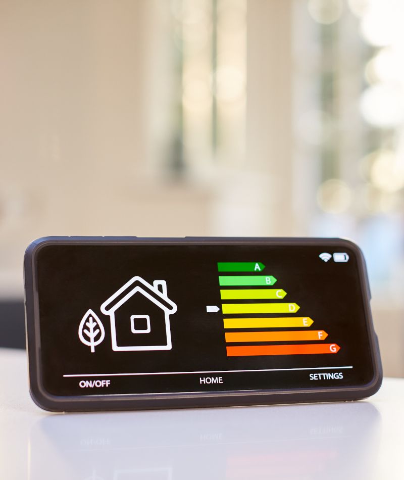 Un móvil con una aplicación donde se ve el consumo de suministro. En la pantalla aparece la eficiencia energética de la casa.