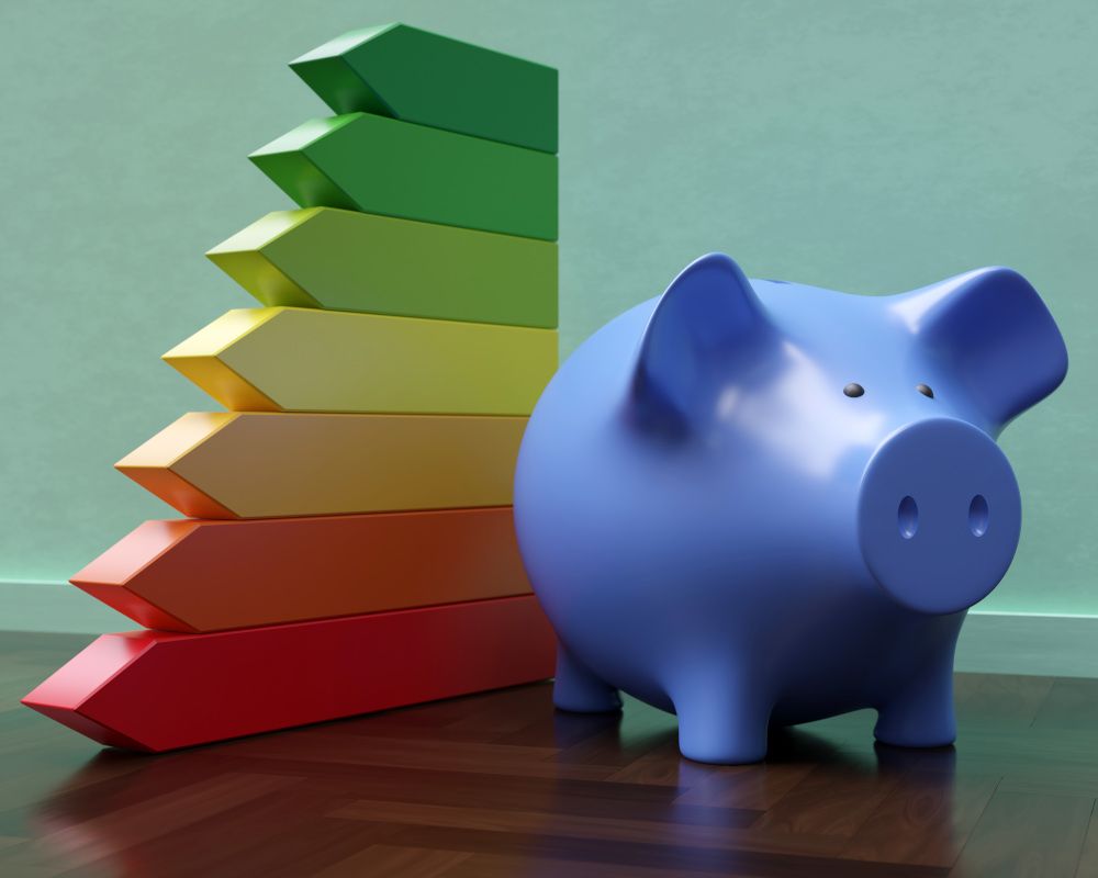 Hucha de cerdito con los colores de eficiencia energética detrás.