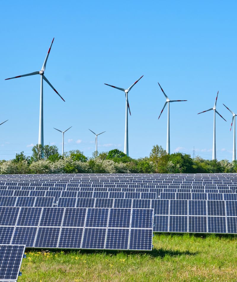 Energía renovable.: un campo con placas solares y molinos de viento.